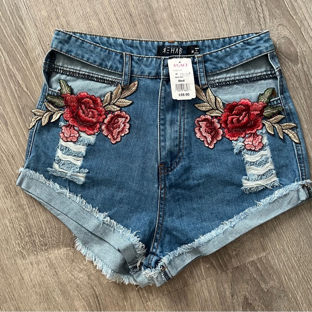 Rehab Blue Jean Shorts with Red Floral Embroidery